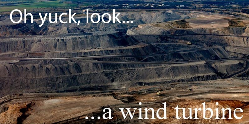 satirical banner illustration showing open cut coal mine in background vs wind turbine