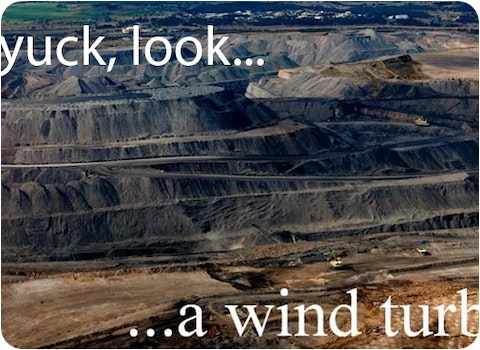 satirical banner illustration showing open cut coal mine in background vs wind turbine