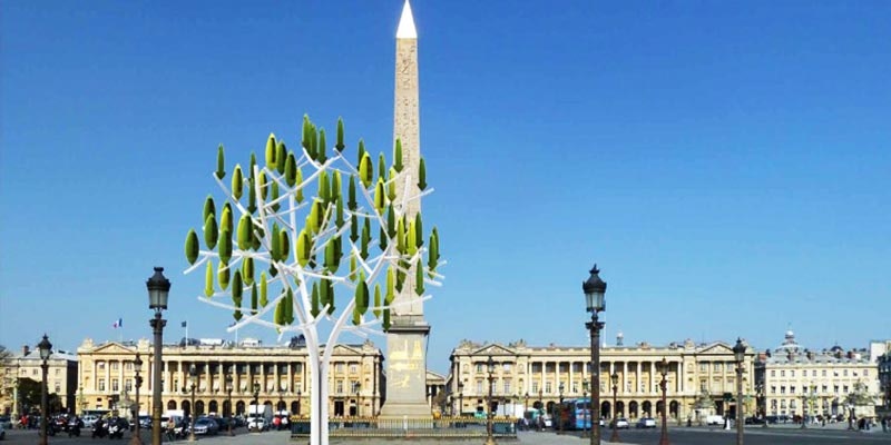 artist's impression of tree shaped wind turbine in front of Parisian buildings
