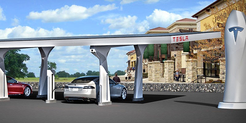 artist's rendition of tesla recharge station with 2 electric cars charging