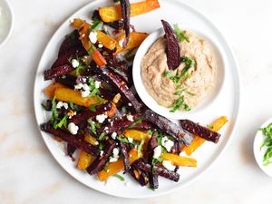 beet fries on a plate with maple pecan aioli