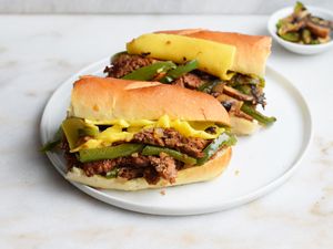 beyond meat Philly cheesesteak on a roll