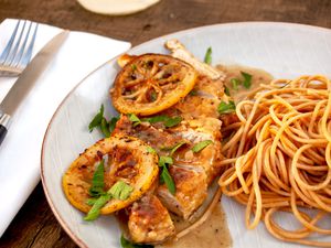 chicken francese with whole wheat spaghetti