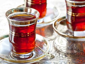 Turkish brewed black tea is traditionally served in tulip-shaped tea glasses