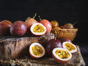 Close-up of fresh passion fruits on table