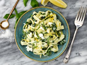 Goat cheese pasta with lemon, garlic, basil, and spinach.