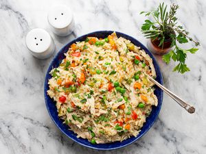 Instant pot chicken and rice with serving spoon