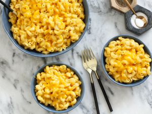 Servings of pressure cooker macaroni and cheese cooked in the Instant Pot.