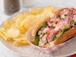 a maine lobster roll on a plate with potato chips