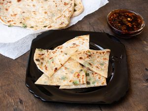 scallion pancakes and dipping sauce