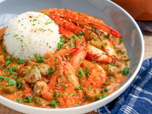 Finished seafood gumbo. Serve with rice