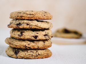 Stack of sourdough chocolate chip cookies