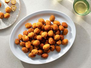 Stuffed and Fried Ascolana Olives (Olive all'ascolana) on a platter 