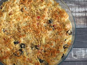 Tuna casserole with artichokes, olives, and Parmesan cheese.