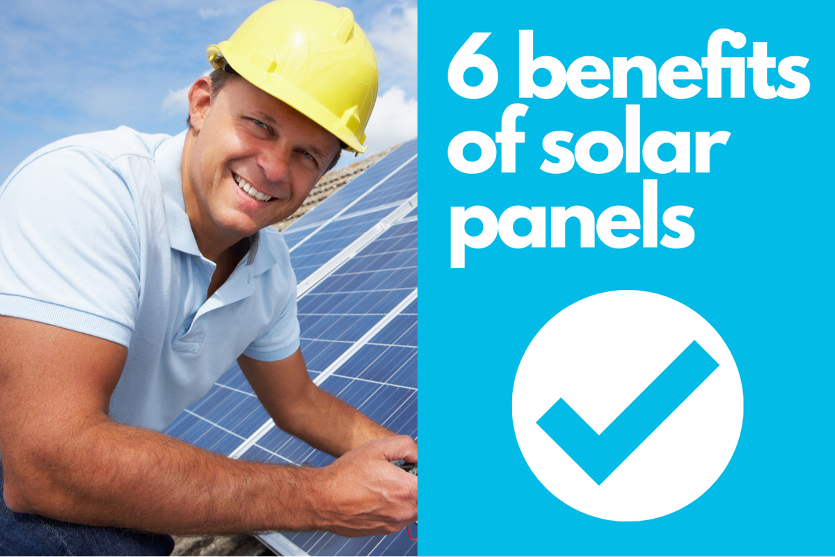 benefits of solar panels illustration next to smiling solar installer