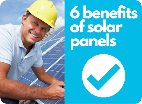 benefits of solar panels illustration next to smiling solar installer