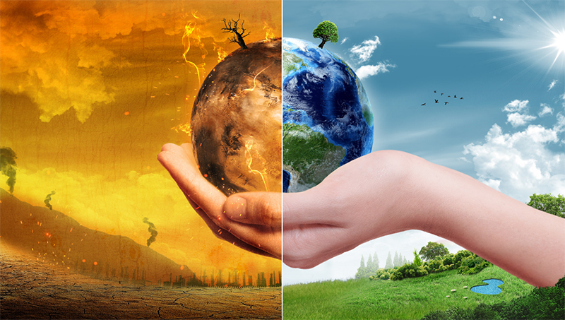 climate change illustration hand holding half burning planet half healthy planet