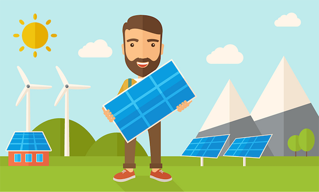 renewable energy illustration showing cartoon man holding solar panel