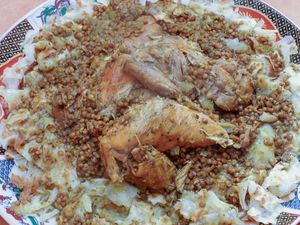 Moroccan Chicken Rfissa - Trid Pastry with Chicken, Lentils, and Fenugreek