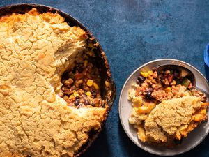 Tamale Pie in a baking dish and in a bowl 